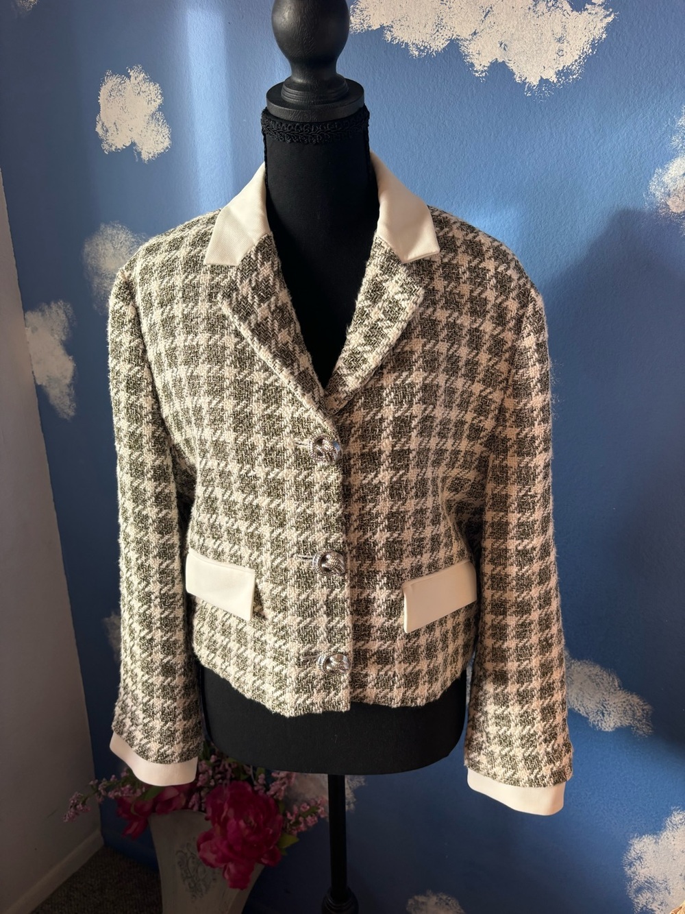 Zara Tweed Blazer, Grey & Cream with Cream Accents, Size XL, Like New